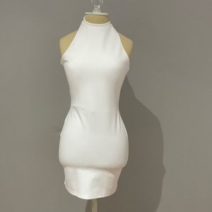 White high neck cross back mini dress